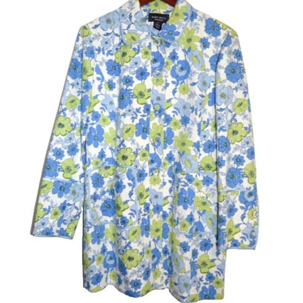 Nine West Women’s Floral Jacket L Lined Blue Green Cottagecore Wedding Guest